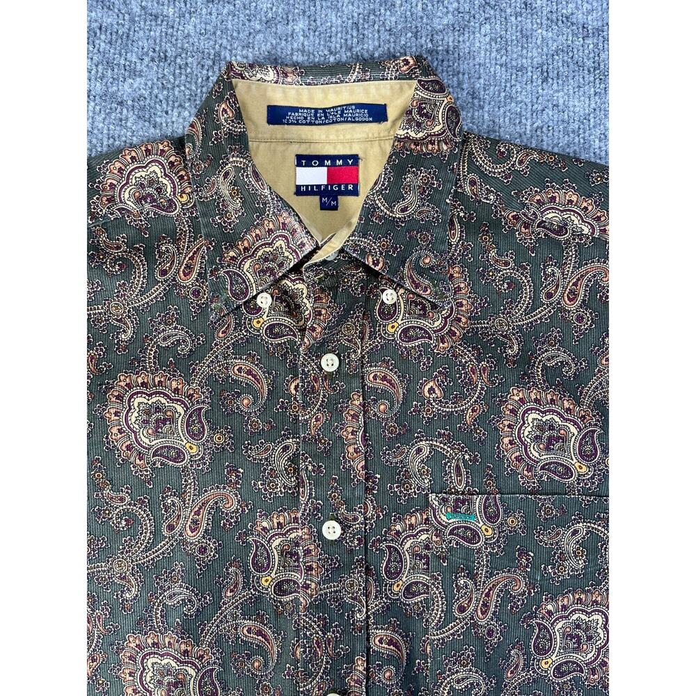 Tommy Hilfiger Shirt Mens M Green Paisley Floral Button Up Long Sleeve 90s GREAT